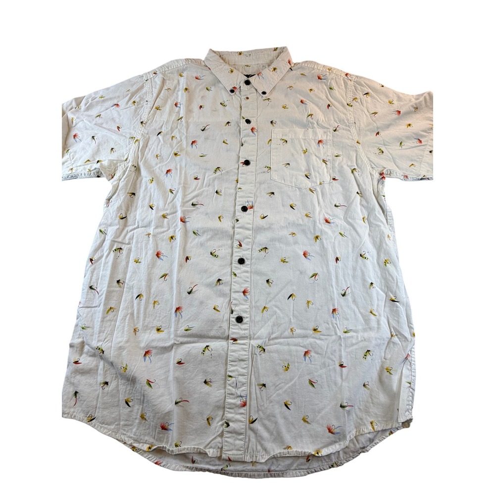 Dravus Mens Large White Fly Fishing Lure Print Short Sleeve Button Down Shirt